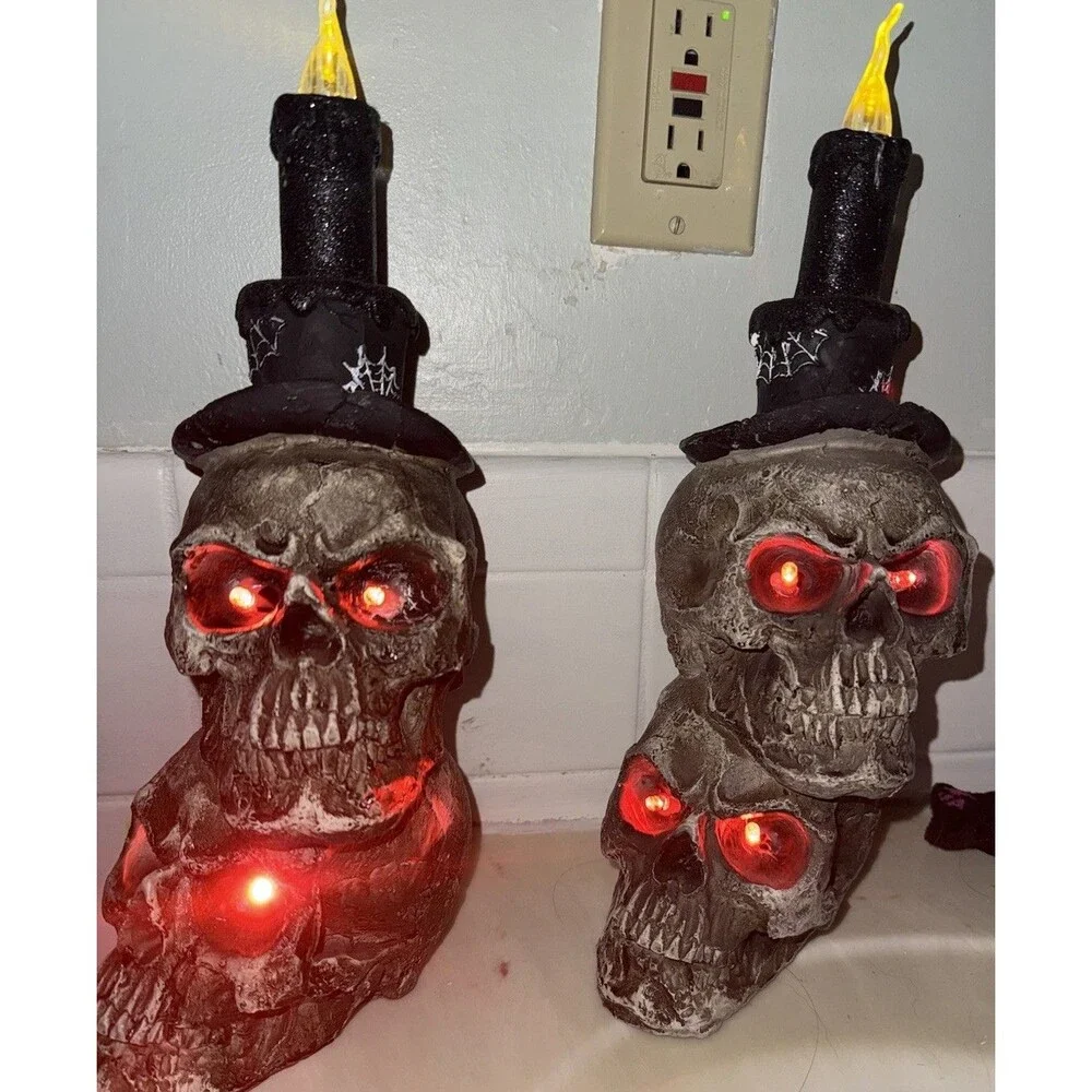 Pair Of Stacked Skull Red Eyes Candles Gothic Decor Resin 13” Old Time Pottery